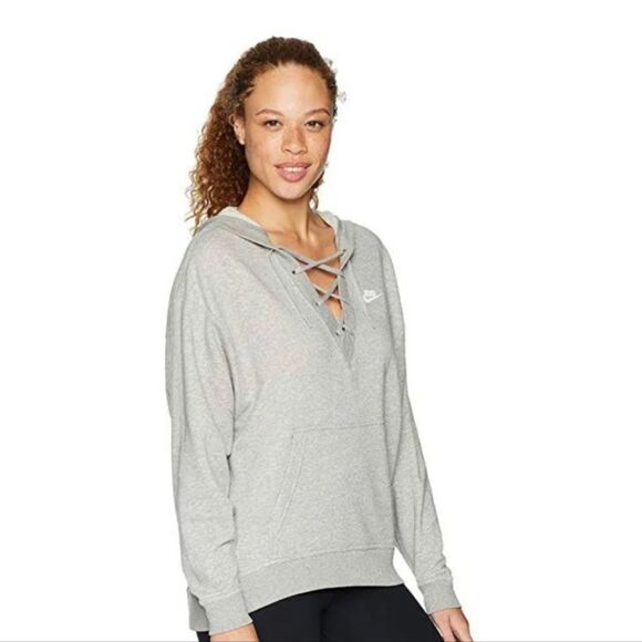 Nike Sportsware Club Lace Up Pullover Gray Hoodie - Picture 1 of 8